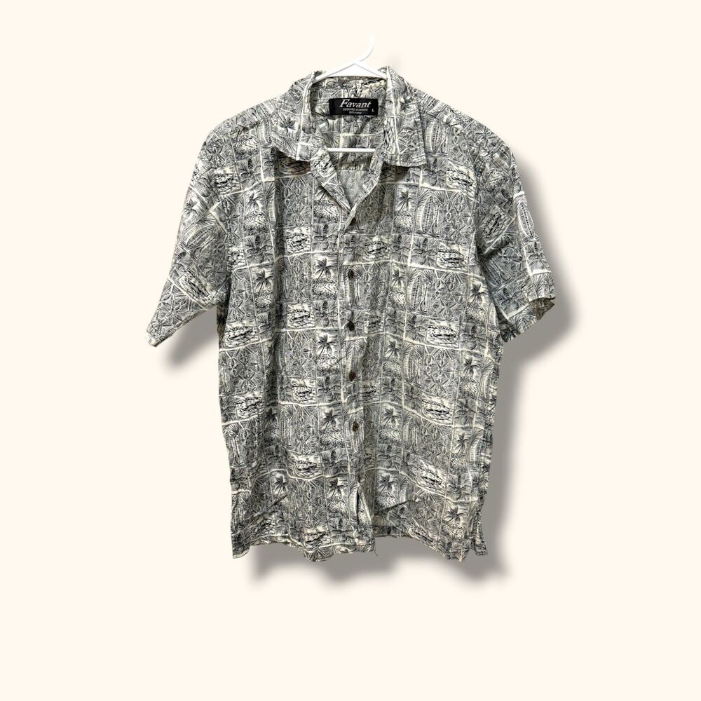 Favant Shirt Mens L Hawaiian Aloha Short Sleeve Cotton Black White Button Up